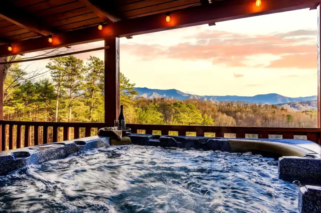 Jacuzzi with forest and mountain view