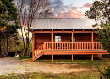 Wooden cabin with trees around